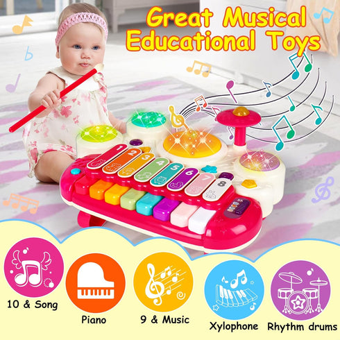 3 in 1 Musical Toys for Toddlers 1-3, Piano Xylophone Drum Set for 1-3 Year Old Girls, Developmental Sensory Toys
