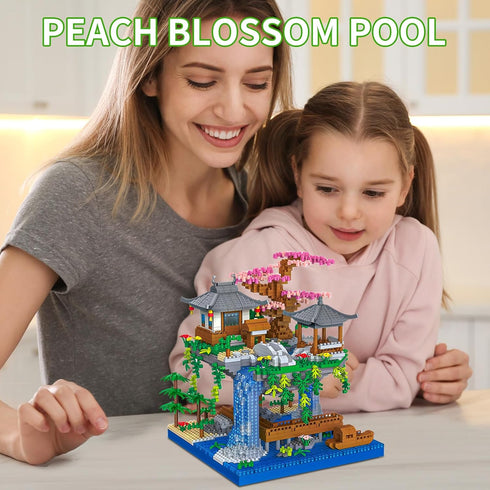 LQPFBSM Sets 2500 Cherry Blossom Treehouse Micro Mini Building Block Japanese Bonsai Tree Peach Blossom Pool