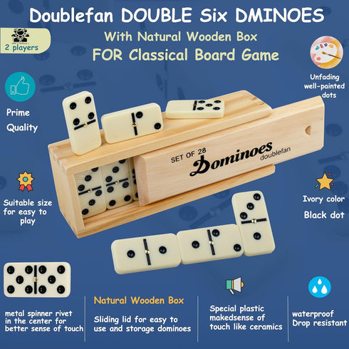 Set 6 28 Dominos for Adults, Double Domino Game, Double Six Standard Domino with Natural Wooden Box, Tiles,Tradditional