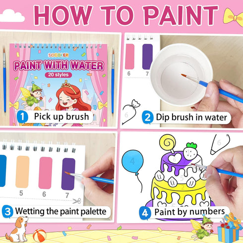 SOCOLER 1-3, 4-8 Paint with Water Coloring Books for Toddlers,Princess and Party Theme Mess Free Watercolor Painting