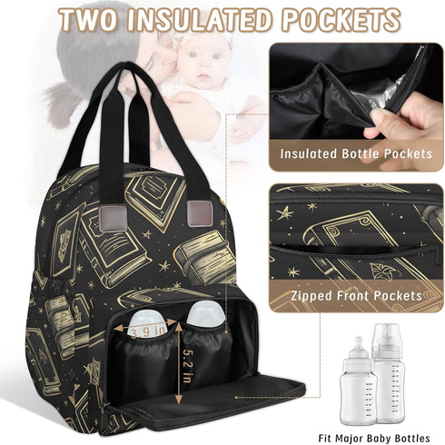 Shoblo Backpack Books Black Diaper Bag for Travel, Waterproof Diaper Bag with Insulated Bottle Pockets & USB Port