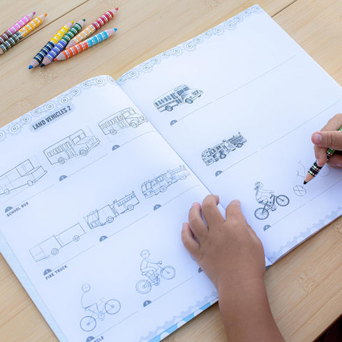 65 5+ eeBoo Learn to Draw Vehicles - Step-by-Step Drawing Activity Book with Stickers, Land Water Air Construction
