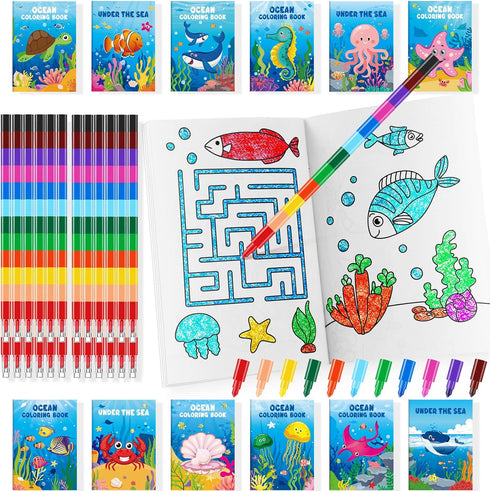 24 Under the Sea Coloring Books with 24 Stacking Crayons, Ocean Animals Party Favors for Kids Birthday Goodie Bag Gift
