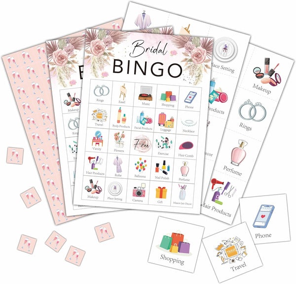 Bridal Bingo Cards - Boho Bridal Shower Game for 24 Players - Wedding Shower/Bachelorette Party Activities