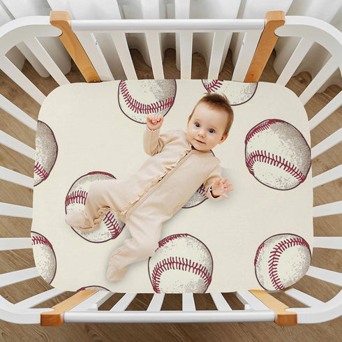 Mazeann 52" 28" 9" Baseball Balls Vintage Crib Sheets Soft Breathable Fitted Baby Crib Sheets Mattress Cover for Girls