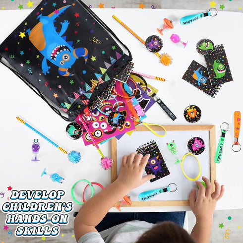 Abbylike 102 Pcs Monster Party Favors, Make Your Own Stickers, Spring Launchers, Drawstring Backpack, Notebooks & More