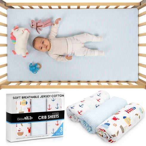 (3 Pack) (52" 28"), Set Set, GROW WILD Nautical & Ships Baby Crib Sheets for Boys - Jersey Knit Fitted Sheet x Toddler