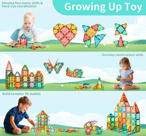 3+ (60 Magnetic Tiles,Magnet Building Blocks Construction Stacking Educational Toy Creative Playboard for Kids Ages