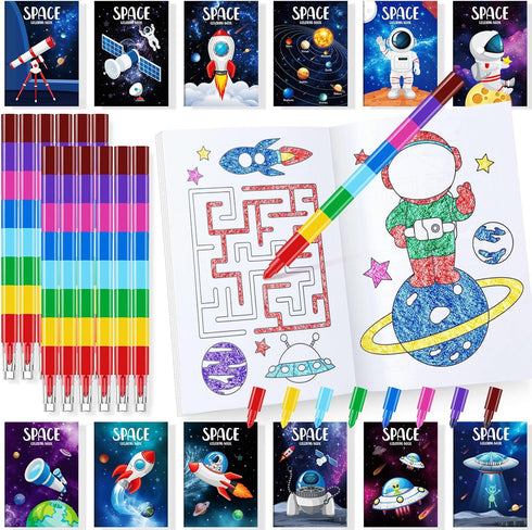BenLouis 24 Outer Space Mini Coloring Books Kids with 24 Stacking Crayons