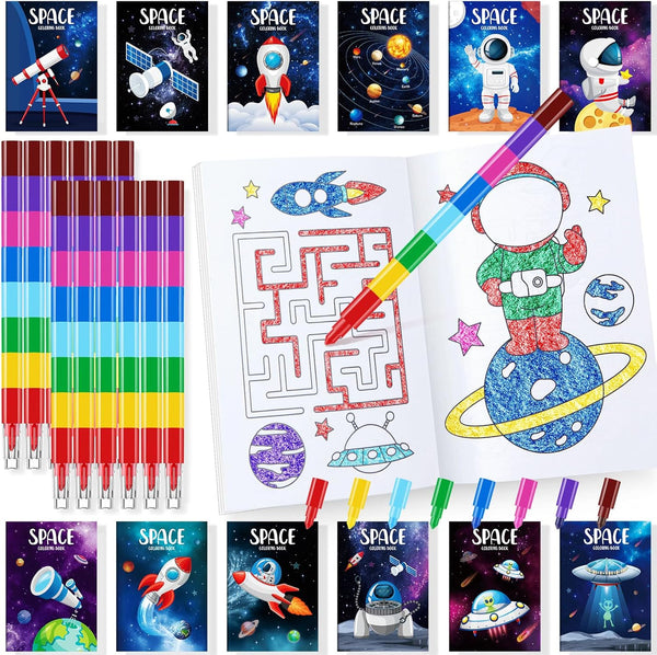 BenLouis 24 Outer Space Mini Coloring Books Kids with 24 Stacking Crayons