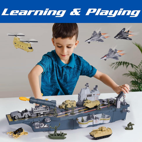10 Military Aircraft Carrier Toys, Army Toys with Vehicles, Fighter Jet Helicopter Tanks and Army Men Action Figures