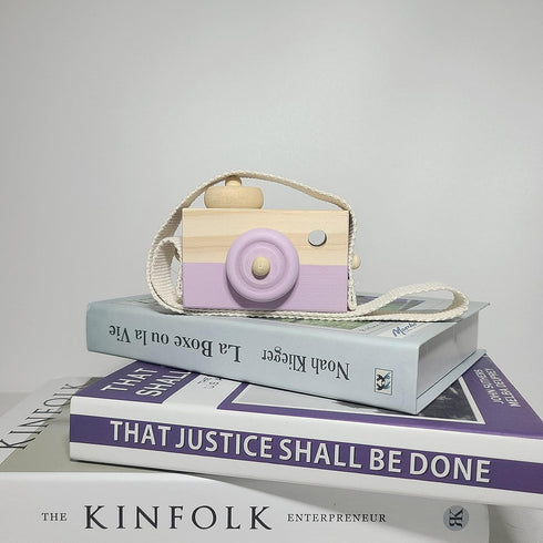 Baby Toy Wooden Mini Camera - Cute Neck Hanging Photographed Props for Kids' Room Decor, Purple