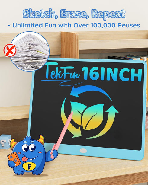 TEKFUN LCD Writing Tablet Doodle Board - 16 Inch Colorful Drawing Pad for Kids, Blue