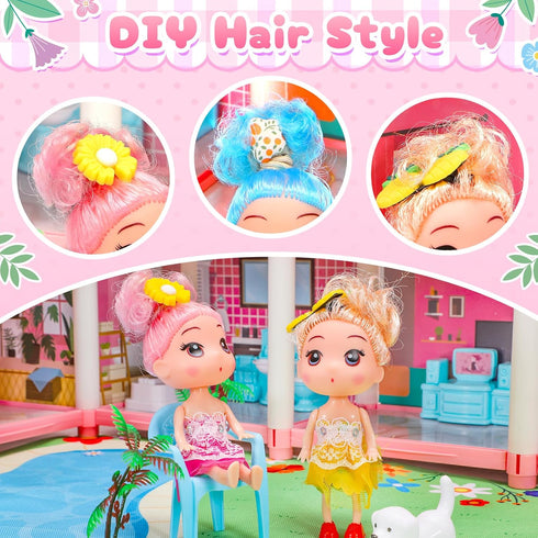 AmiDear 4-Story 11 Playset 3 4 5 6 7 8 9 10 Dollhouse with Rooms, Dream Gift Princess Doll House with Furniture Pool