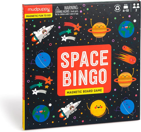 Mudpuppy Space Bingo – Magnetic Bingo Game with Travel-Friendly Tri-Fold Board for Ages 4-10, 2 Players