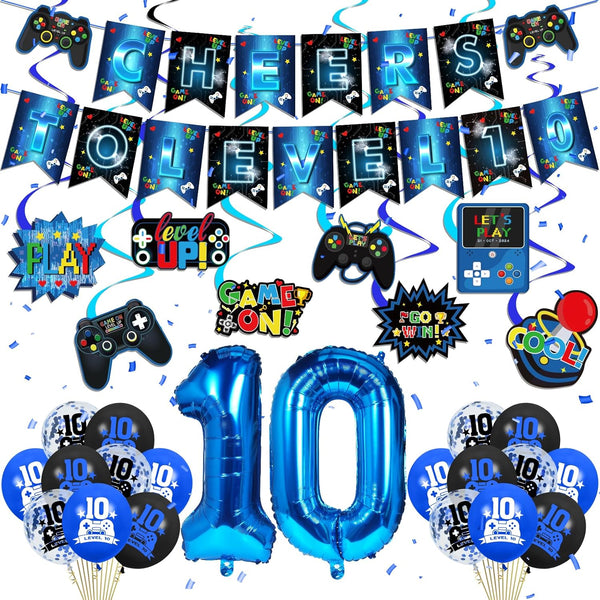 Video Game 10th Birthday Party Decorations, Blue and Black Level Up 10 Balloons Kit for Boys Girls 10 Years Old