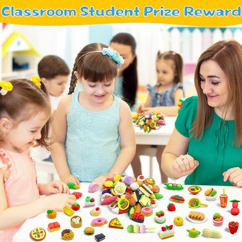 LanMa 70PCS Cute Food Erasers Set for Kids, Fruit Desserts Cake Puzzle, Classroom Prizes Party Gifts