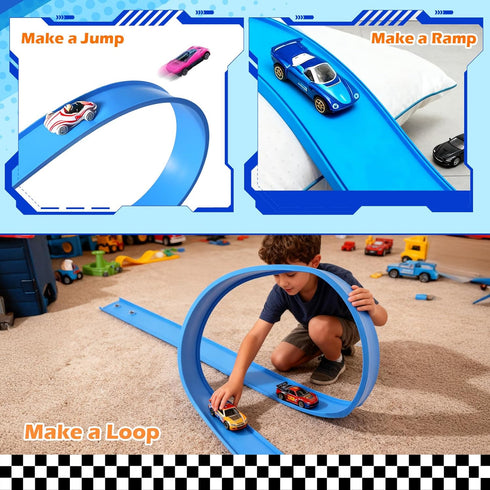 12 Set: 3+ 1/64th Flex Track Ft Starter Portable Rolls Up Race Tracks for Kids - DIY Race Car Ramp Track with Suction