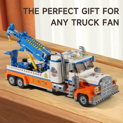 Tow Truck Building Block Set, Road Rescue Vehicle with Crane Toy Model, City Crane Construction Kit for Kids