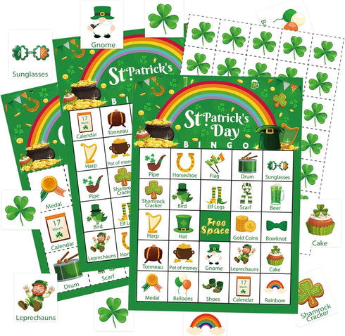 St Patrick's Day Bingo Games Cards for 24 Players, Irish Shamrock Bingo for Family School Classroom Activities