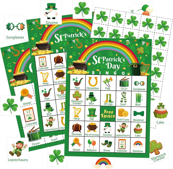 St Patrick's Day Bingo Games Cards for 24 Players, Irish Shamrock Bingo for Family School Classroom Activities