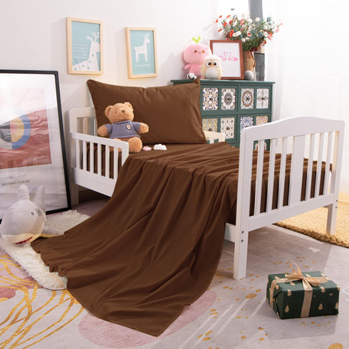 NTBAY Toddler Sheet Set, 3-Piece Microfiber Crib Sheet Set, Solid Brown Toddler Bedding with Flat and Fitted Sheets