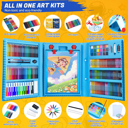 All in One Art Supplies Set with Trifold Easel, Drawing Kit, Coloring Book, Paper, Cutting, Origami Kit, Blue