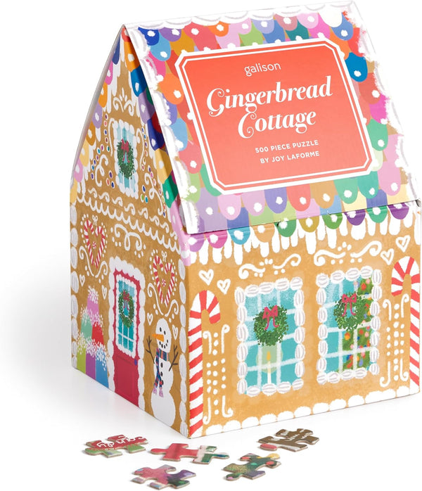 Galison Gingerbread Cottage – 500 Piece Joy Laforme House Shaped Jigsaw Puzzle of A Christmas Gingerbread Bakery