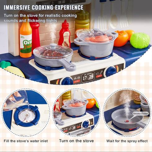 Playset 48PCS, Set 18.5" 9.4" 30.7" VEVOR Kids Kitchen Pretend Play Kitchen with Cooking Stove with Steam, Sounds