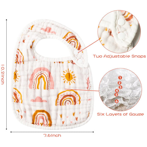 Zainpe 6Pcs Snap Muslin Cotton Bibs for Baby Rainbow Sun Star Bib Adjustable Feeding Bib Machine Washable Unisex Burp Cloths with 6 Absorbent Soft Layers for Infant Newborn Toddler Drooling Teething