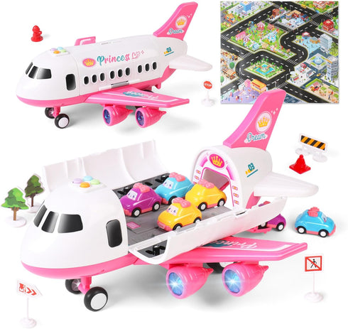 Dwi Dowellin Pink Airplane Toy with 6 Truck Cars and Play Mat,Plane