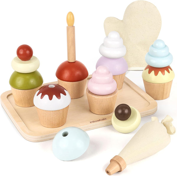 Pillowhale Wooden Cupcake Play Food Set, 21 Pcs Pretend Baking Toys with
