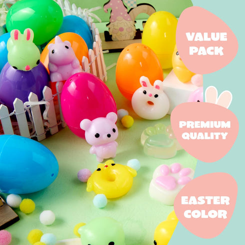 24 JOYIN Pcs Easter Eggs Prefilled with Squishy Toys, Cute Mochi Toy Fillers for Easter Egg Hunt, Basket Stuffers