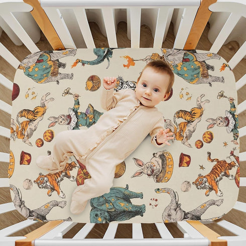 Pigsaly 27x39 Inch Crib Sheets Elephants Rabbits Tiger Vintage Circus Baby Sheet for Standard Crib Mattress Boys Girls