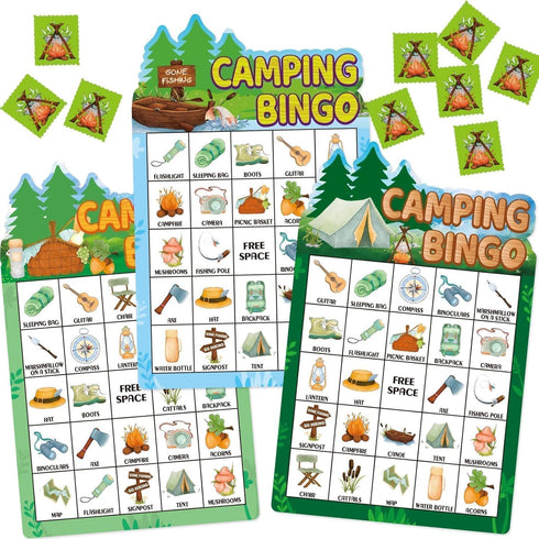 24 Summer Fancy Land Camping Bingo Game for Kids Players Die Cut Outdoor Adventure Game Graduation Party Supply