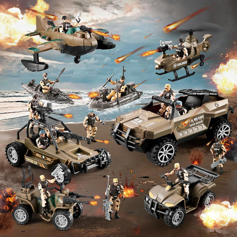 HOSPONY 56-in-1 4-7 6-8 8-12, Army Men Toys for Boys Military Truck/Helicopter/Kayak Boat/Motorcycle/Army Men Action