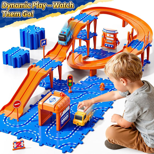 3-5 2-4 59PCS Set 2 Toddler Puzzle Race Cars Track Toys for Kids Age Years, Puzzles Car Track Includes Cars and Road