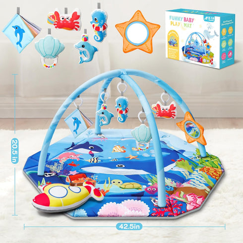 8-in-1 Tummy 0-3-6-9-12-18 Baby Gym Play Mat, Ocean Theme Time Mat & Ball Pit, Washable Baby Activity Play Mat