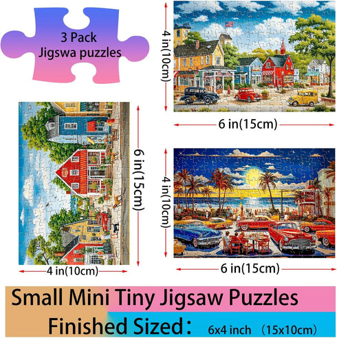 Small Jigsaw Puzzles for Adults, 150 Pieces Vintage American Illustration Mini Puzzles, 3 Pcs with Mini Easel