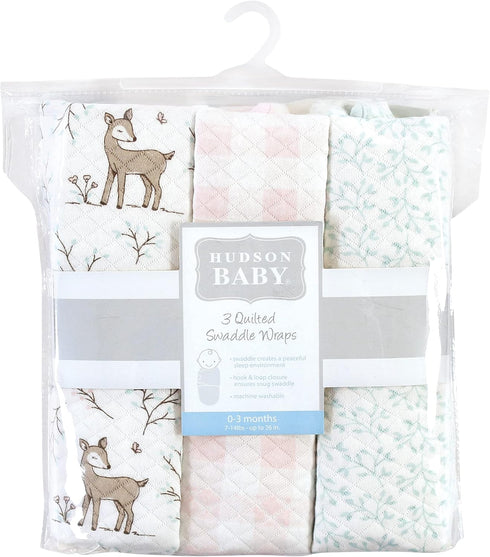3pk, 0-3 Hudson Baby Unisex Baby Quilted Cotton Swaddle Wrap Enchanted Forest, Months