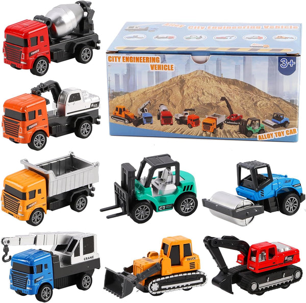 Tunmiok 8-in-1 Mini Die Cast Alloy Construction Vehicle Set, Pull Back Toy Cars