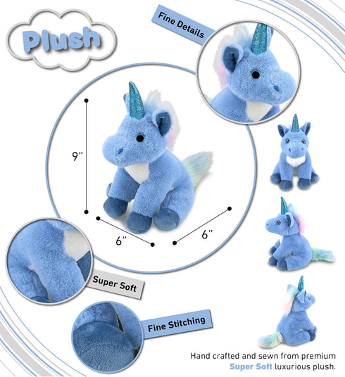 DolliBu Plush Blue Unicorn Stuffed Animal - Soft Huggable Toy, Adorable Playtime Gift for Kids and Adults, 9 Inches