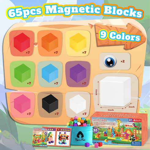 65 Set, 1" 3 4 5 6 7 8 PCS Magnetic Blocks Magnet Building Blocks with Toy Eyes and Storage Bag for Kids Gifts, STEM