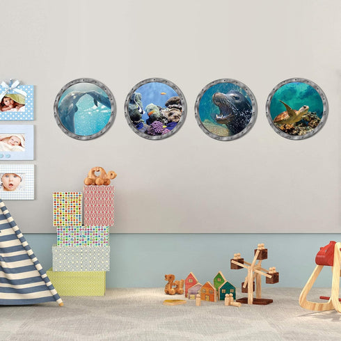 4 PCS Removable 3D Under The Sea Wall Decals, Animals Wall Sticker Home Decor for Bathroom & Kids Nursery Room