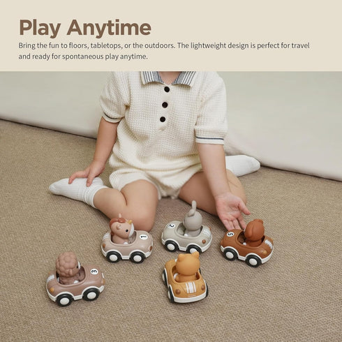 1-3, 6-Pack Set Nueplay Toy Cars for Toddlers Friction Powered Push and Go Vehicle with Animal Finger Puppets for Boys