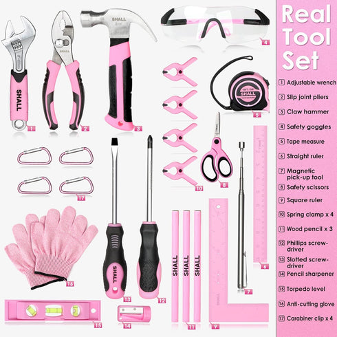 26-Piece Set, 12" 6+, SHALL Kids Size Tool Pink Real Tools for Kids with Tool Bag, Safety Certified Children Learning