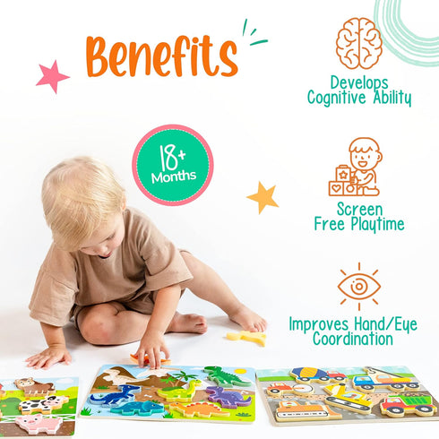 Large 3 Pk Wooden Toddler Puzzles Ages 2-4 | Montessori Learning Toys for 2+ Year Olds