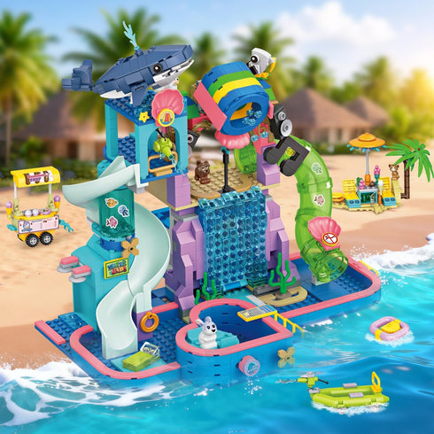 1150Pcs Set, Summer Swimming 6-12+ WinGift Friends Water Park Building STEM Fun Party Toy with Pool Slides,Water