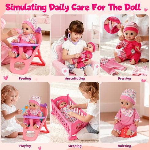 12'' Set 32 12 Playset 3 4 5 DRAMATION Interactive Baby Doll with Crib and High Chair, PCS Baby Doll Toys Make Sounds