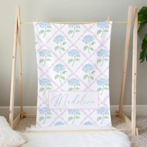 Personalized Baby Girl Blanket, Pink Heirloom Floral Blanket, Hydrangea Bow Baby Blanket, Girl Crib Bedding